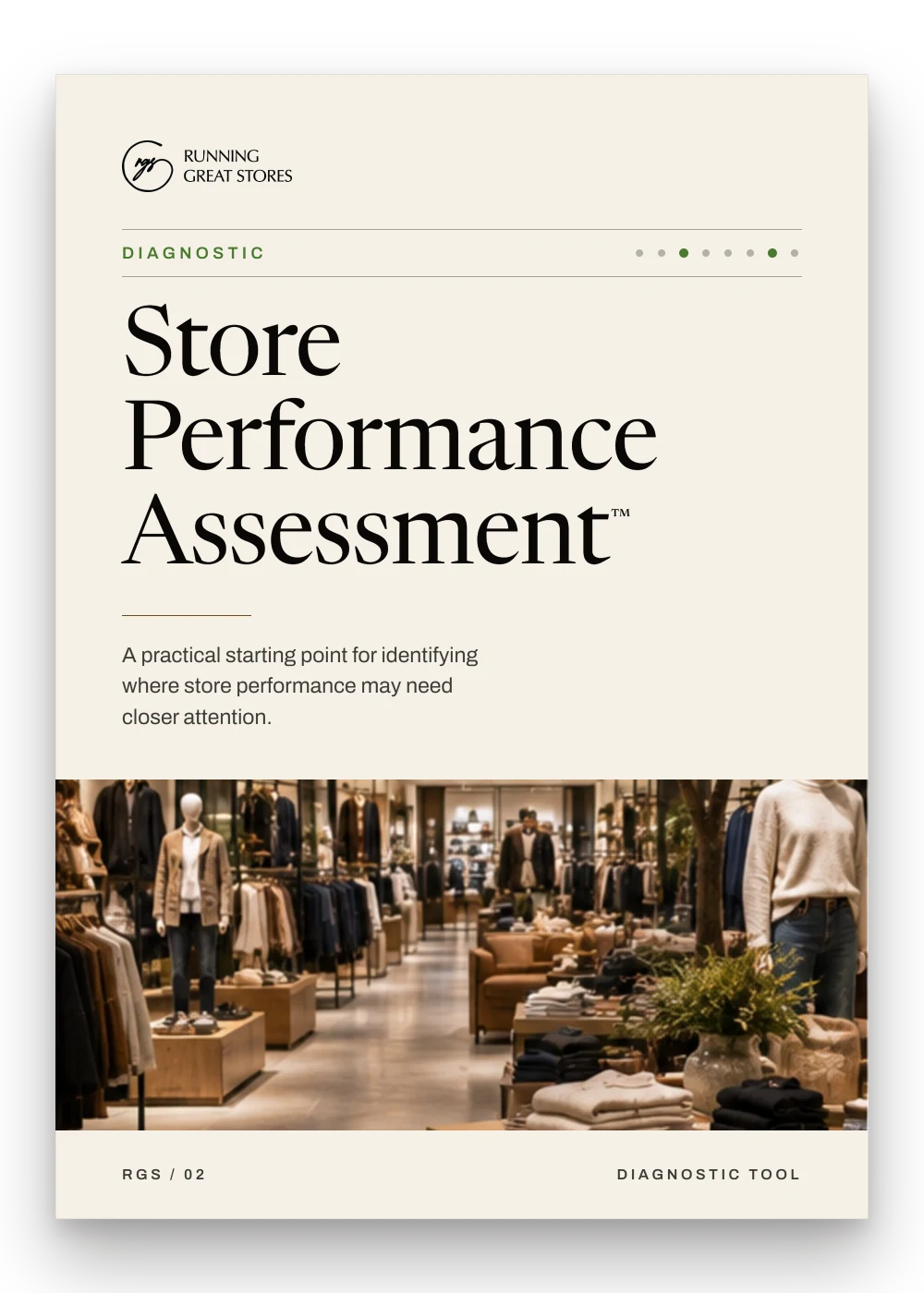 Store Performance Assessment™ cover: Diagnostic series, warm white with a wide photograph of an upscale store interior